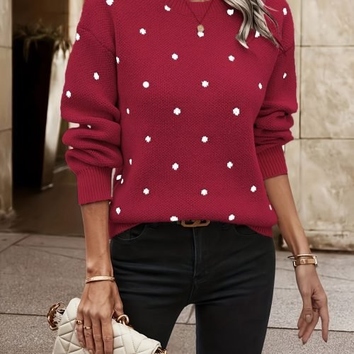 a212a7882b04e7cda697e20555a5759b Polka Dot Pattern Knit Sweater, Casual Long Sleeve Crew Neck Sweater, Women's Clothing