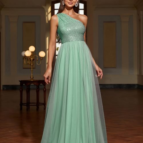 a251b816-5a10-472e-b433-6ba54c732801-1 Sequin One Shoulder Contrast Mesh Dress, Elegant Sleeveless Floor Length Formal Dress For Party & Banquet, Women's Clothing For Party Dressing