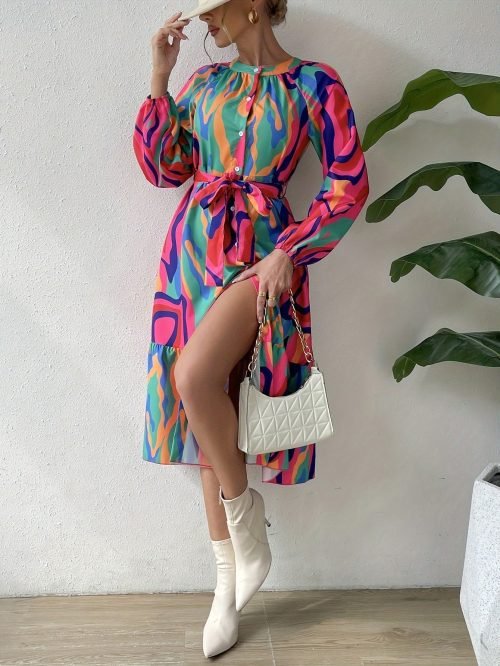 Abstract Print Crew Neck Dress, Elegant Long Sleeve Belted Dress For Spring & Fall, Women's Clothing