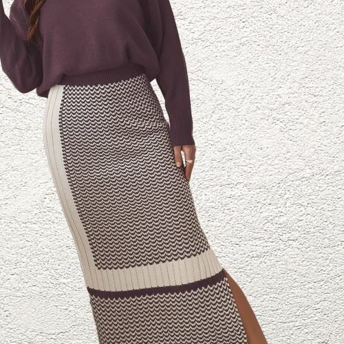 a88f78db465e9f8dde32cb9a07ec74ae-1 Elegant Sweater Two-piece Set, Solid Long Sleeve Knit Sweater & Split High Waist Skirts Outfits, Women's Clothing