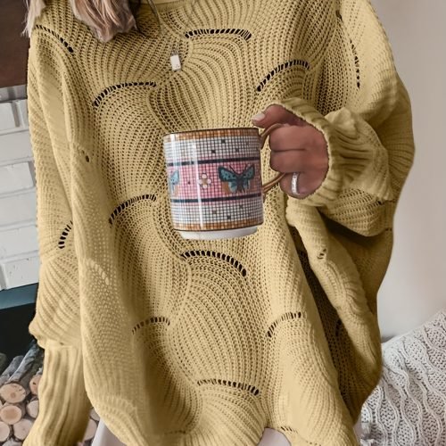 a968bcadf55e012f9e6d603fee40dd56 Solid Cutout Irregular Hem Knit Sweater, Casual Crew Neck Long Sleeve Pullover Sweater, Women's Clothing