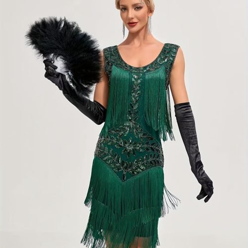ae39a749-e0d6-4bbc-bc08-02930cb32383-1 Sequin Fringe Decor Tank Dress, Vintage Sleeveless Flapper Tank Dress For Party & Banquet, Women's Clothing