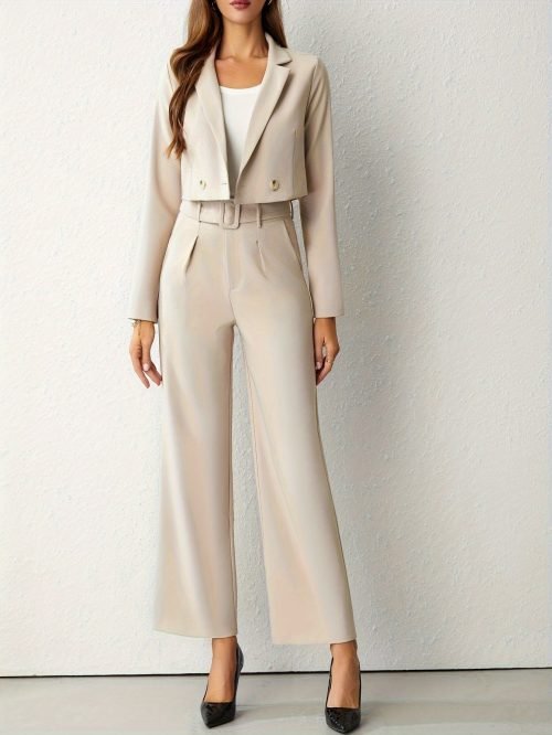 Business Casual Two-piece Set, Double-breasted Lapel Long Sleeve Blazer & Belted Wide Leg Pants Outfits, Women's Clothing