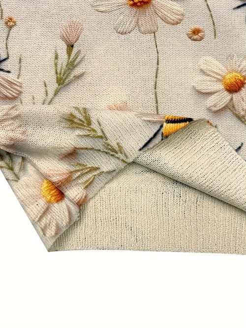 Flower & Bee Pattern Sweater, Versatile Crew Neck Long Sleeve Sweater For Spring & Fall, Women's Clothing