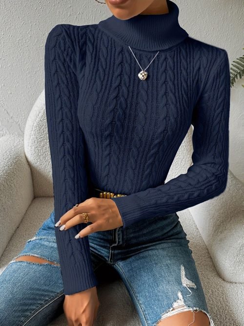 Solid Turtle Neck Cable Knit Sweater, Casual Long Sleeve Slim Sweater, Women's Clothing