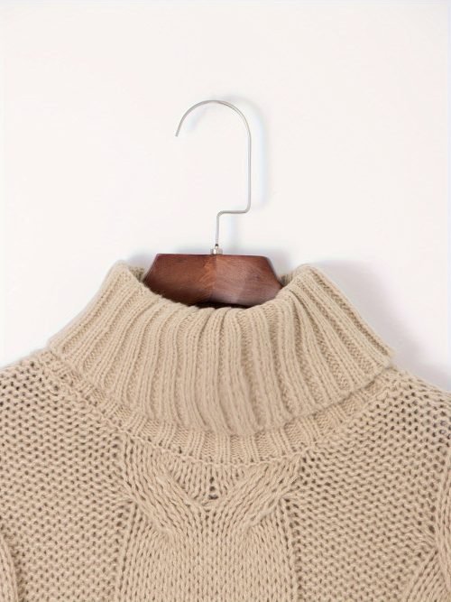 Twist Pattern Turtle Neck Pullover Sweater, Casual Lantern Sleeve Loose Sweater For Fall & Winter, Women's Clothing