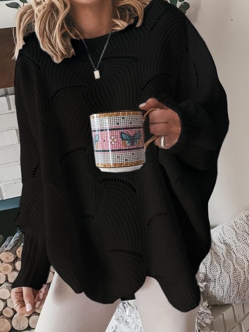 cc63bec4e888e94f28ea6032d75c8a15 Solid Cutout Irregular Hem Knit Sweater, Casual Crew Neck Long Sleeve Pullover Sweater, Women's Clothing