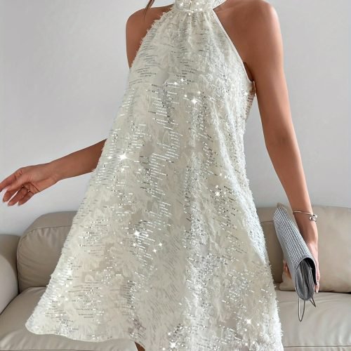 cf6bc7e8-7de8-4129-8186-4715d6567a21-1 Sequined Raw Trim Halter Neck Dress, Elegant Sleeveless Keyhole Back Dress, Women's Clothing