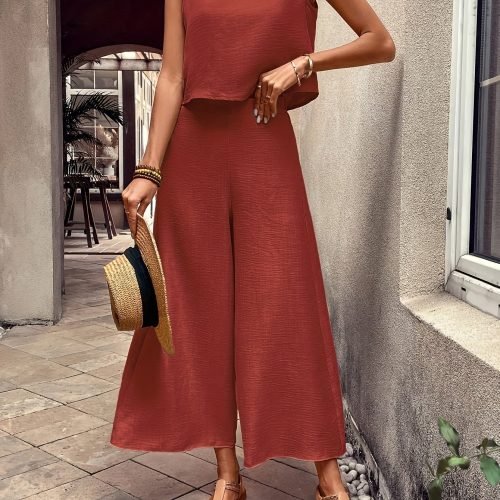 d04fc39b-7390-42fb-ab02-221789967ac6-1 Solid Color Elegant Pantsuits Set, Crew Neck Tak Top & Wide Leg Pants Outits, Women's Clothing