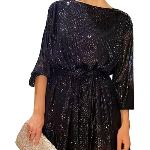 d39eb63d07d10096a9c88bc0079466b9-1 Sequined Tie Waist Dress, Elegant Solid Dress For Club & Party, Women's Clothing