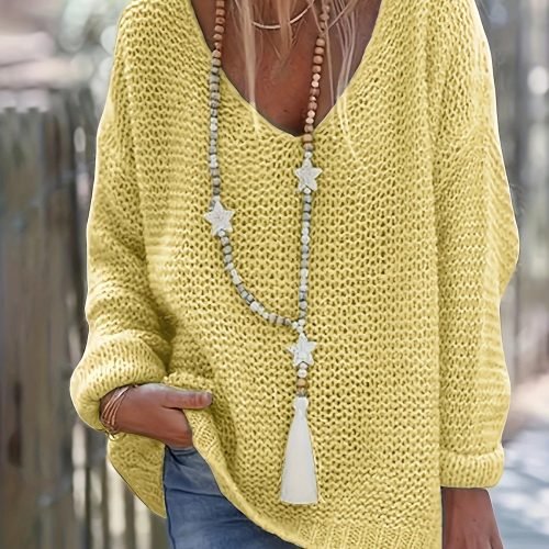 Solid V Neck Knitted Pullover Sweater, Casual Long Sleeve Sweater For Spring & Fall, Women's Clothing