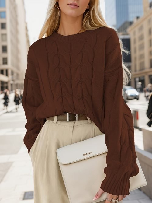 Textured Crew Neck Sweater, Versatile Long Sleeve Sweater For Fall & Winter, Women's Clothing