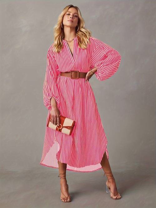 Striped Print Lantern Sleeve Dress, Stylish Notch Neck Dress For Spring & Fall, Women's Clothing
