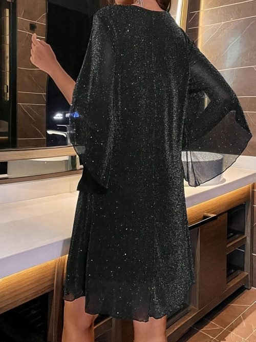 Sequined V Neck Loose Dress, Elegant Cloak Sleeve Mini Dress For Party & Banquet, Women's Clothing