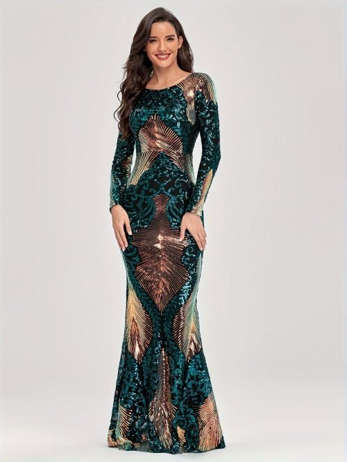 Sparkling Sequin Crew Neck Cocktail Dress, Elegant Long Sleeve Mermaid Dress For Party & Banquet, Women's Clothing Wedding/Evening dress/Occasion/Engagement/Ceremony