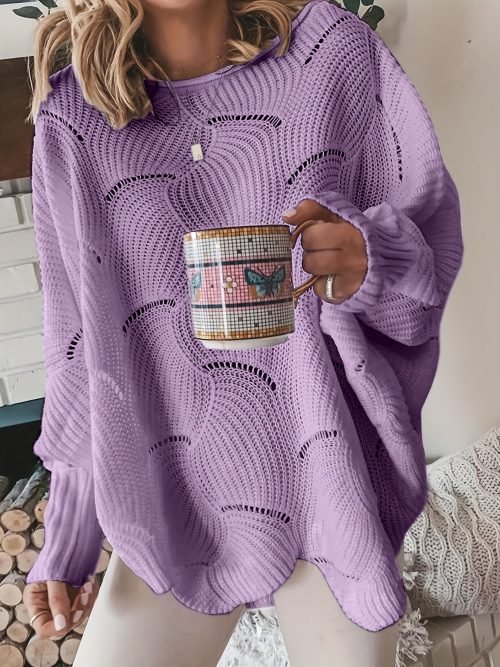 f2bb0473768557f324d5556ffb751bb8 Solid Cutout Irregular Hem Knit Sweater, Casual Crew Neck Long Sleeve Pullover Sweater, Women's Clothing