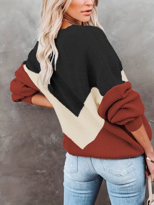 f5910dc521df52f5204cf84901113add-1 Color Block Crew Neck Pullover Sweater, Casual Long Sleeve Sweater For Fall & Winter, Women's Clothing