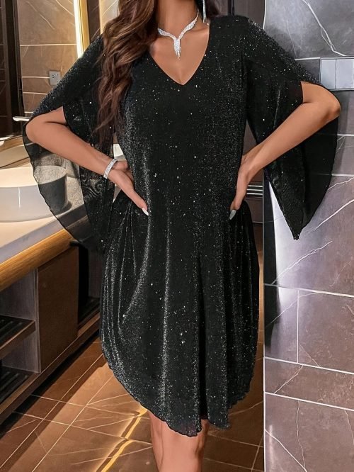 Sequined V Neck Loose Dress, Elegant Cloak Sleeve Mini Dress For Party & Banquet, Women's Clothing