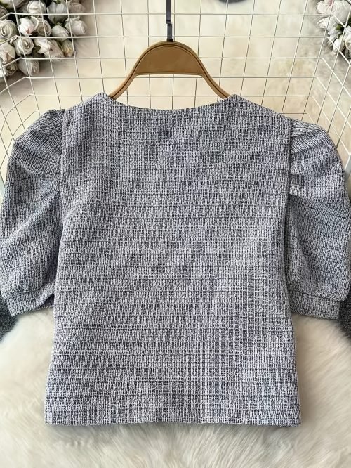 Puff Sleeve Square Neck Jacket, Elegant Button Front Jacket For Spring & Fall, Women's Clothing