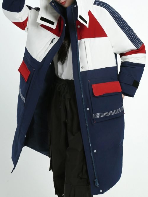 Color Block Hooded Down Jacket, Casual Stand Collar Long Sleeve Winter Warm Outerwear, Women's Clothing