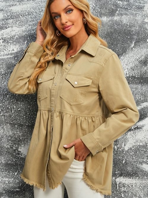 Women's Casual Long Sleeve Denim Button Down Shirt, Ruffled-Hem Denim Jacket