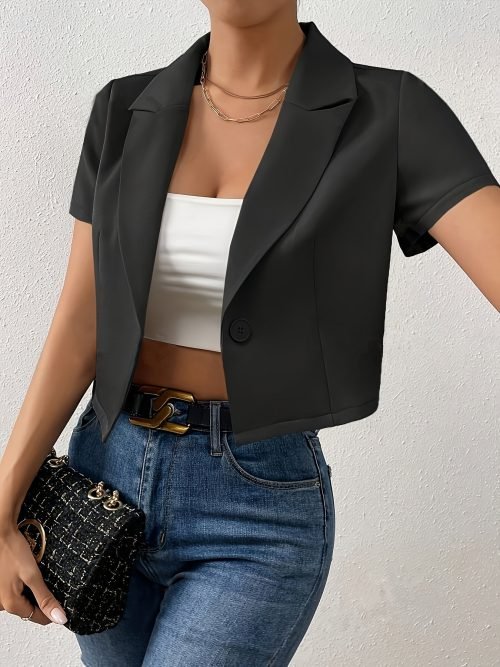 Solid Color Button Crop Jacket, Chic Lapel Neck Short Sleeve Jacket For Spring & Summer, Women's Clothing