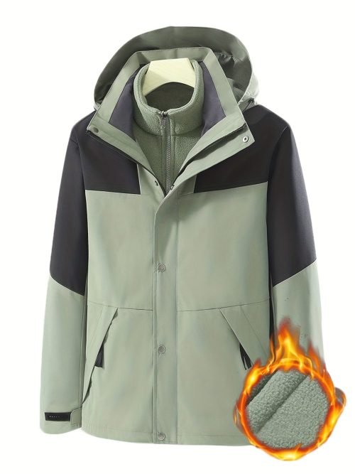 3-in-1 Color Block Warm Punch Jacket, Casual Waterproof Windproof Jacket, Removable Liner Hooded Ski Coat, Women's Outdoor Clothing