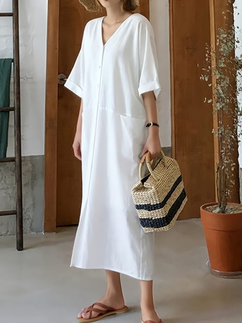 Solid Color Button Coverup Dress, Casual V Neck Half Sleeve Loose Midi Dress With Pocket, Women's Clothing