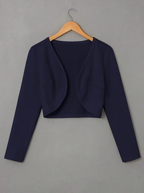 Solid Color Open Front Crop Jacket, Versatile Long Sleeve Outwear For Spring & Fall, Women's Clothing