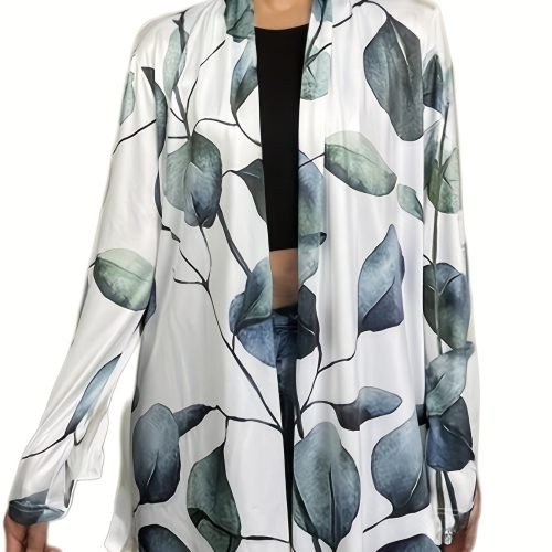 Leaves Print Open Front Cardigan, Versatile Long Sleeve Outwear For Spring & Fall, Women's Clothing