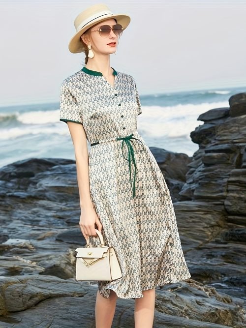 Allover Print Drawstring Waist Dress, Elegant Short Sleeve Contrast Trim Button Front Dress For Spring & Summer, Women's Clothing