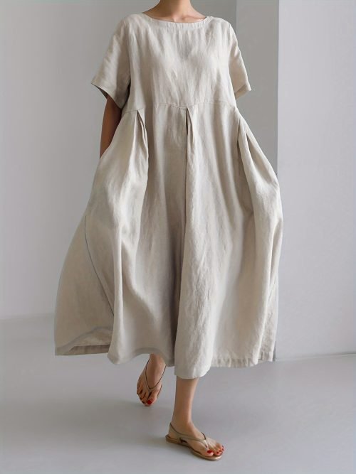 Solid Color Crew Neck Loose Dress, Elegant Short Sleeve Simple Dress For Spring & Summer, Women's Clothing