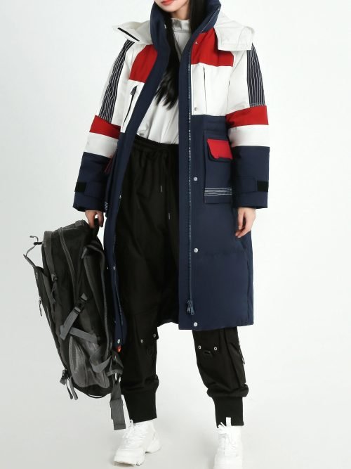 Color Block Hooded Down Jacket, Casual Stand Collar Long Sleeve Winter Warm Outerwear, Women's Clothing