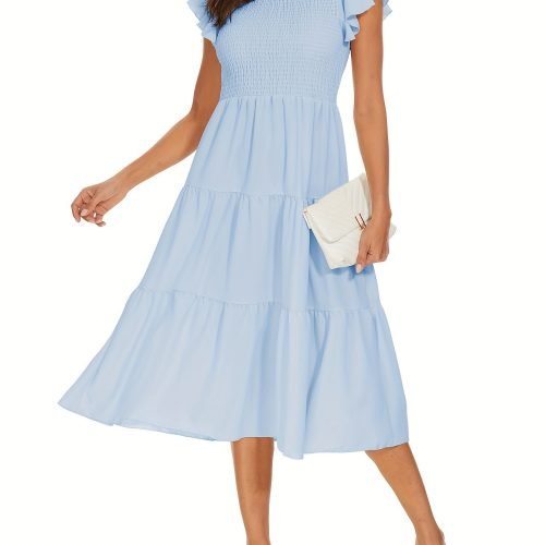 Solid Color Shirred Midi Dress, Elegant Flutter Sleeve Ruffle Hem Dress For Spring & Summer, Women's Clothing