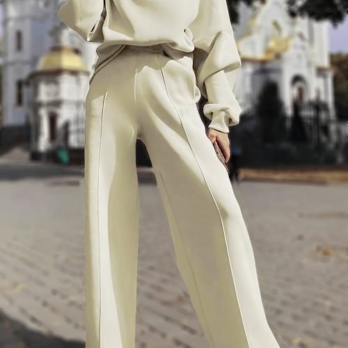 Elegant Pintuck Solid Color Set, Drop Shoulder Long Sleeve Sweatshirt & Straight Leg Pants, Women's Clothing