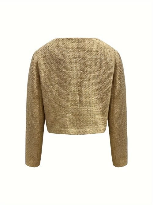 Solid Color Single Breasted Crop Jacket, Elegant Long Sleeve Outwear For Spring & Fall, Women's Clothing