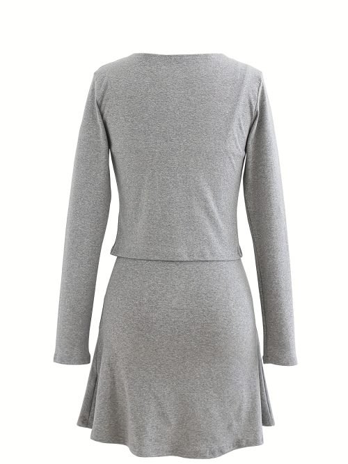 Elegant Solid Two-piece Set, Single Button Outwear & Slim Simple Dress Outfits, Women's Clothing