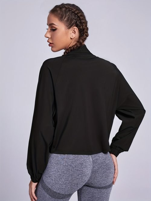 Solid Zipper Front Crop Jacket, Versatile Long Sleeve Jacket For Spring & Fall, Women's Clothing