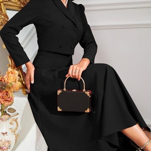 3f789fb4-ac51-49e6-b811-85c223aa00a7-1 Solid Color Elegant Skirt Suit, Double Button Long Sleeve Crop Jacket & High Waist Midi Skirt Outfits, Women's Clothing