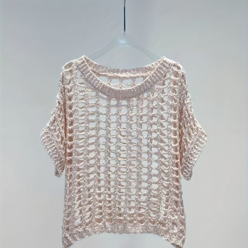 Hollow Out Crochet Crew Neck Sweater, Casual Short Sleeve Knit Top For Spring & Summer, Women's Clothing