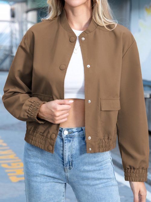 Solid Button Front Bomber Jacket, Casual Long Sleeve Outerwear With Pockets, Women's Clothing