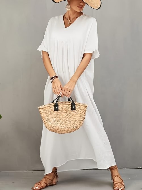 Solid Color V Neck Coverup Dress, Casual Batwing Sleeve Loose Maxi Dress For Spring & Summer, Women's Clothing