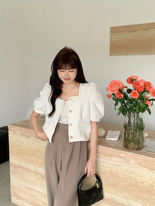 Puff Sleeve Square Neck Jacket, Elegant Button Front Jacket For Spring & Fall, Women's Clothing