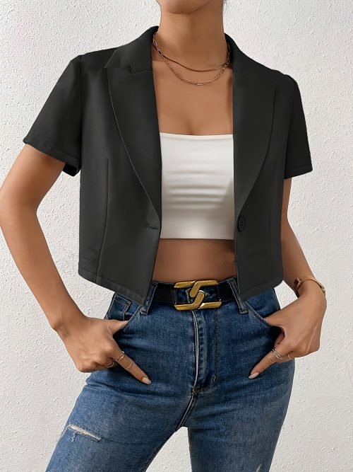 Solid Color Button Crop Jacket, Chic Lapel Neck Short Sleeve Jacket For Spring & Summer, Women's Clothing