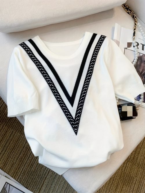 Color Block Crew Neck Knitted Sweater, Casual Short Sleeve Top For Spring & Summer, Women's Clothing