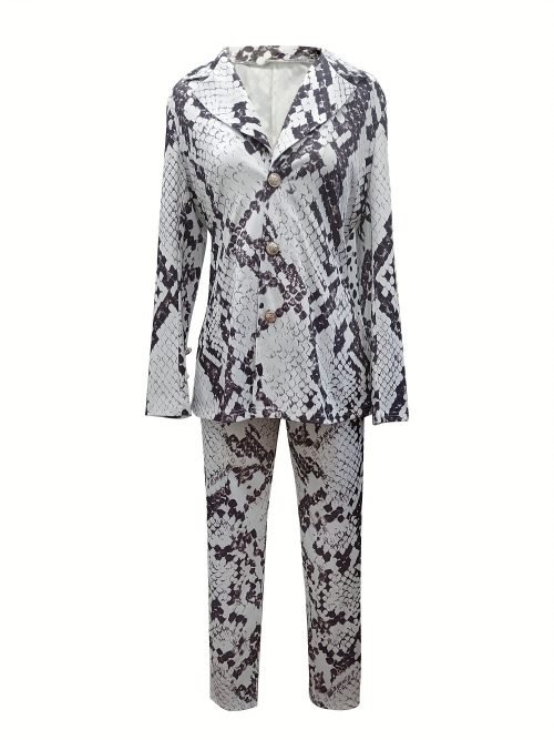Snake Skin Print Two-piece Set, Single Breasted Lapel Blazer & Straight Leg Pants Outfits, Women's Clothing