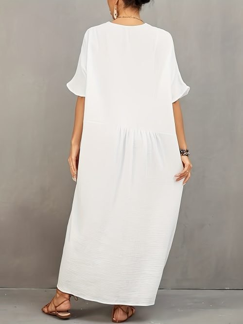 Solid Color V Neck Coverup Dress, Casual Batwing Sleeve Loose Maxi Dress For Spring & Summer, Women's Clothing