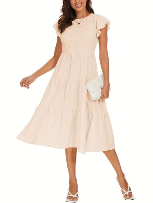 Solid Color Shirred Midi Dress, Elegant Flutter Sleeve Ruffle Hem Dress For Spring & Summer, Women's Clothing