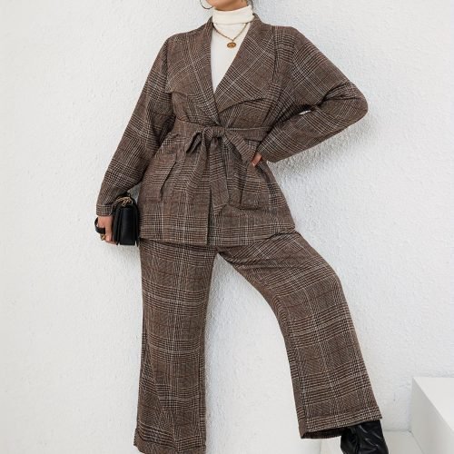 Plus Size Elegant Suit Set, Women's Plus Plaid Print Long Sleeve Waterfall Collar Belted Blazer & Wide Leg Pants Outfits Two Piece Set