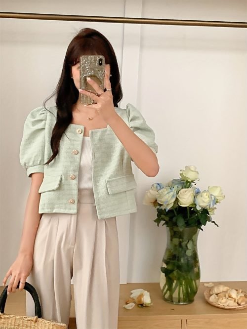 Puff Sleeve Square Neck Jacket, Elegant Button Front Jacket For Spring & Fall, Women's Clothing